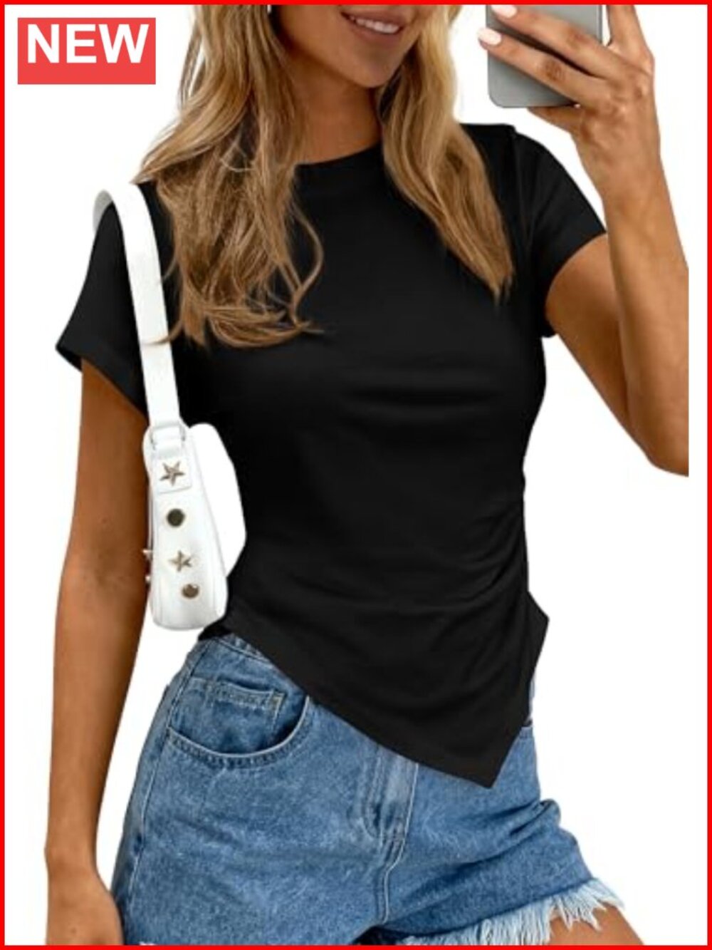 Women's Asymmetrical Short Sleeve Summer Top Cotton Crew Neck Slim Fit